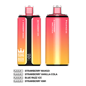 Two gradient disposable vapes with flavors Strawberry Mango, Strawberry Kiwi, Strawberry Vanilla Cola, and Blue Razz Ice