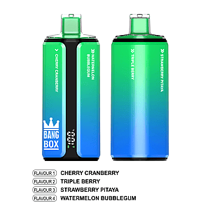 Two gradient green-to-blue vape pods; left Bang Box branded with Cherry Cranberry and Watermelon Bubblegum, right with Triple Berry and Strawberry Pitaya