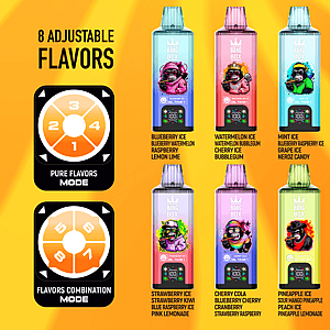 Ten colorful Bang Box vape bottles arranged in two rows on a bright orange background, with two circular mode icons on the left.