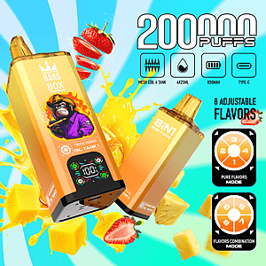 Bright ad for Bang Box Oil Tank 4 in 1 flavors, featuring eight colorful vape bottles, a large yellow tank, and 2000 puffs.