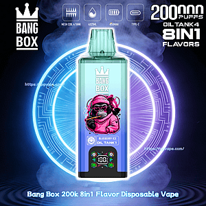 Turquoise Bang Box disposable vape with crown logo and a pink cartoon gorilla on the label, Blueberry Ice flavor.