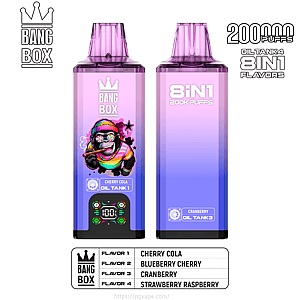 Two purple Bang Box vape devices; left features Cherry Cola with a rainbow-clad gorilla, right shows Cranberry flavor.
