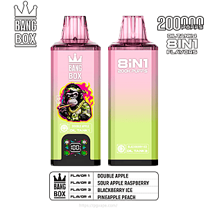 Two pink gradient Bang Box vape devices side by side; left features a smoking monkey cartoon, right reads 8IN1 200K PUFFS.