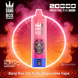 Pink Bang Box 20k Puffs disposable vape with demon-head artwork on a blue base, set against a neon ring background.
