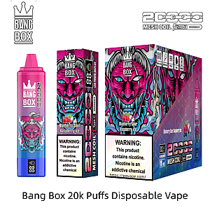 Bang Box 20k Puffs disposable vape with pink gradient device and neon demon artwork on packaging, flavor Blueberry Sour Raspberry Ice.