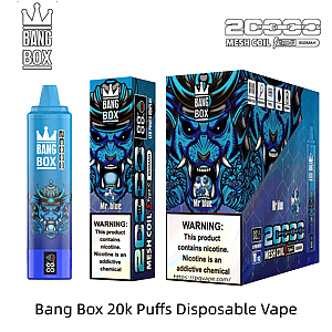 Blue Bang Box 20k puffs disposable vape featuring a dragon artwork, with a matching blue bottle and boxes labeled Mr blue.