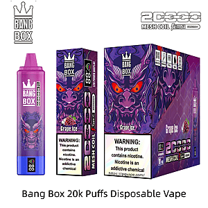 Purple Bang Box 20k Puffs disposable vape with grape ice flavor, shown with purple dragon-themed packaging.
