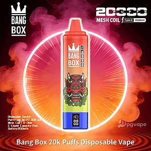 Bang Box 20k Puffs disposable vape with a red demon graphic on a gradient body, in front of a neon ring.