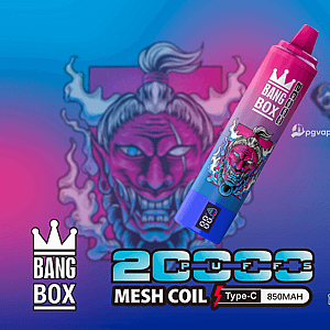 Two Bang Box disposable vape devices with graffiti artwork in pink and blue, set against a blue gradient background.