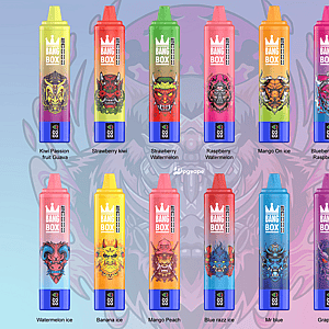 Two rows of colorful Bang Box disposable vape pens arranged in a grid, each with a bright colored body and a flavor label.
