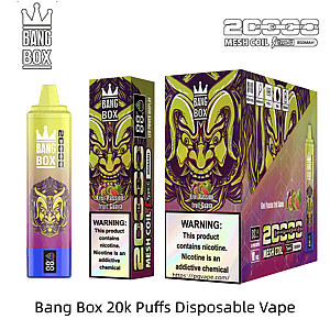 Bang Box 20k Puffs disposable vape with neon green bottle and two boxes featuring a bold tribal mask design.