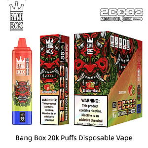 Bang Box 20k Puffs Strawberry Kiwi disposable vape with red demon artwork on the bottle and matching colorful packaging.