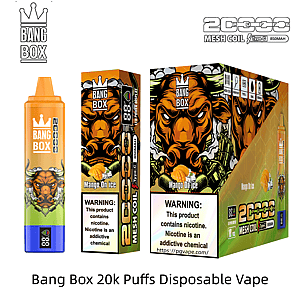 Bang Box Mango On Ice disposable vape with 20k puffs, featuring bold gorilla artwork and crown logo on the packaging.