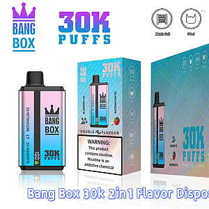 Bang Box 30K Puffs disposable vape in blue gradient with boxes; flavors Blueberry Ice and Watermelon Ice