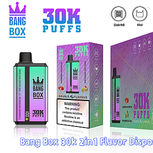 Bang Box 30K Puffs disposable vape, purple gradient finish, shown with purple packaging and fruit-flavor lineup.