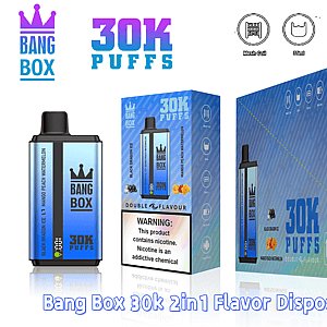 Blue gradient Bang Box 30K Puffs disposable vape with crown logo, displayed next to blue packaging and a Mango Peach Watermelon device.