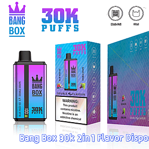 Bang Box 30K Puffs disposable vape with blue gradient bottle and packaging, showing Blue Razz Ice and Double Grape flavors.