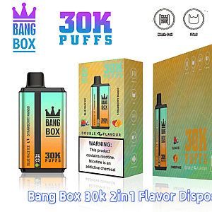 Bang Box 30K Puffs disposable vape with teal-to-orange gradient and crown logo, shown with colorful boxed packaging.
