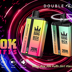 Two gradient Bang Box disposable vapes with 30K Puffs float in a neon swirl background, displaying Bang Box branding and bottom feature icons.