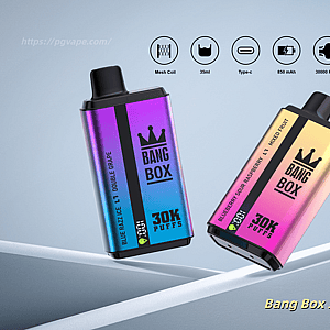 Two gradient Bang Box 30k Puffs disposable vapes with blue-purple and pink-gold finishes, crown logo, on a blue background.