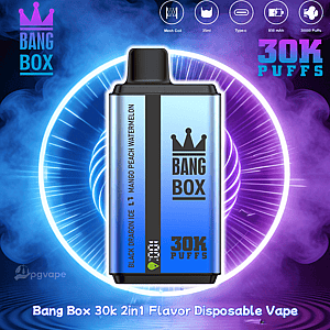Bang Box 30K Puffs disposable vape with blue gradient body and crown logo, flavor Mango Peach Watermelon, neon ring backdrop.