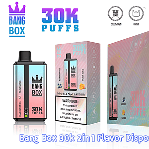 Bang Box 30K Puffs disposable vape with gradient pink-to-blue device and packaging featuring Blueberry Ice and Peach Juice flavors.