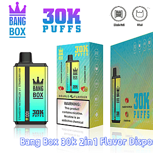 Bang Box 30K Puffs disposable vape with gradient teal packaging featuring Strawberry Watermelon and Strawberry Kiwi flavors.