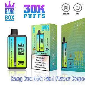 Bang Box 30K Puffs disposable vape with Kiwi Passion Fruit Guava and Blueberry Ice; green gradient packaging with crown logo.