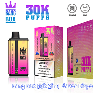 Bang Box 30K Puffs disposable vape with gradient pink body and black mouthpiece, packaging shows Blueberry Sour Raspberry Mixed Fruit flavor.