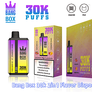 Bang Box 30K Puffs disposable vape with gradient purple-yellow device and boxed flavors Three Berry Ice and Strawberry Mango