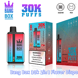 Bang Box 30K Puffs disposable vape with gradient pink-to-blue device and packaging featuring Watermelon Bubble Gum flavor.