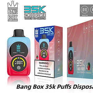 Bang Box 35K disposable vape with a blue-pink gradient body, black mouthpiece, and bold 35K puffs packaging.