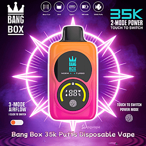 Bang Box 35k Puffs disposable vape with pink-orange body, black circular display, teal logo, and neon starburst background.