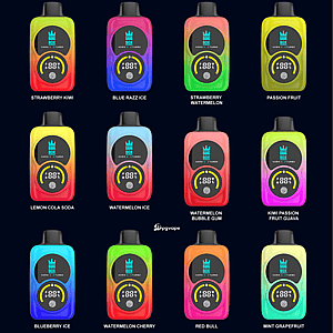 Four-by-four grid of colorful Bang Box vape devices on a dark background, each with flavor labels such as Strawberry Kiwi and Blue Razz Ice.