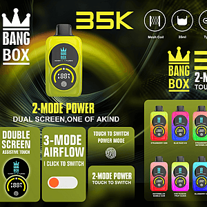 Bright yellow Bang Box vape device with crown logo, circular display and control dial, shown with 2-mode power branding.
