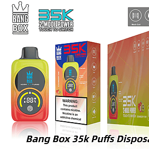 Bang Box 35k disposable vape with 2-mode power and touch-to-switch, neon yellow device shown beside orange packaging.