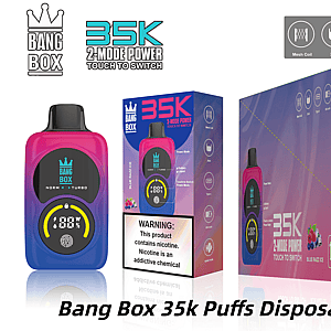 Bang Box 35k disposable vape with a pink-to-blue gradient device and bold packaging showing 35K logo.