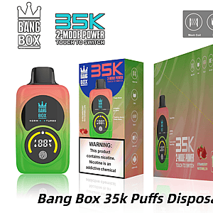 Bang Box 35k disposable vape with rainbow gradient body and green packaging, 2-mode power and strawberry watermelon flavor.