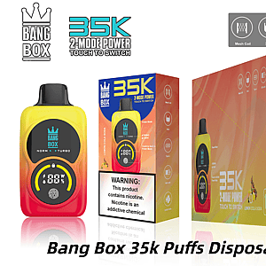 Bright yellow Bang Box 35K disposable vape with crown logo, shown beside colorful packaging boxes and a nicotine warning label.