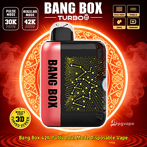 Bang Box 42K Puffs dual-mode disposable vape with pink side panel, black body, and a yellow dotted constellation pattern.