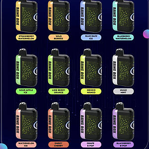 Grid of Bang Box Turbo vape devices with color-coded bands, arranged in four columns by three rows, each with a flavor label.
