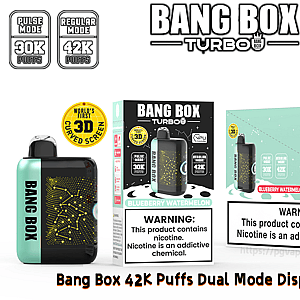 Bang Box Turbo disposable vape with turquoise device and black box, 42K puffs, 3D curved screen, blueberry watermelon flavor.