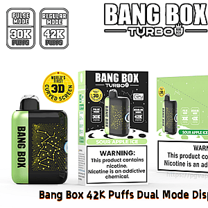 Bang Box Turbo dual-mode disposable vape with black and green packaging, 42K puffs, sour apple ice.