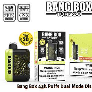 Lime green and black Bang Box Turbo disposable vape with 42K puffs, shown beside lime berry orange packaging and a 3D curved-screen badge.