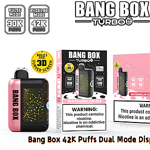 Bang Box Turbo dual-mode disposable vape in watermelon ice, pink device shown with packaging marking 42K puffs.