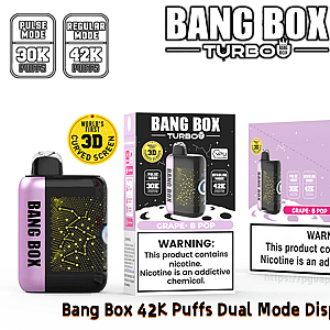 Bang Box Turbo disposable vape with 42K puffs, black-pink device beside purple Grape-B Pop box with 3D curved screen.