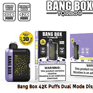Bang Box Turbo disposable vape with dual-mode 42K puffs; purple device beside black and purple packaging with a 3D curved screen sticker.