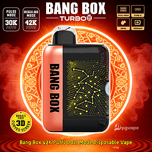 Bang Box Turbo disposable vape in red and black with BANG BOX on the side and a dotted circuit front, showing dual 42K/30K puff modes and a 3D screen