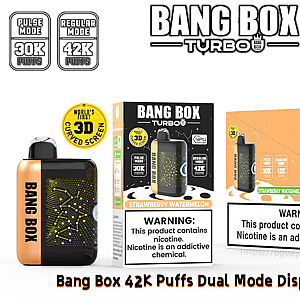 Bang Box Turbo dual-mode disposable vape in orange-black with a dotted circuit design, 42K puffs, strawberry watermelon flavor.