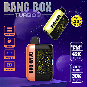 Bang Box Turbo vape pod with 28ml, dual-mesh, USB-C, 750mAh, shown in yellow/black and orange/black against night sky